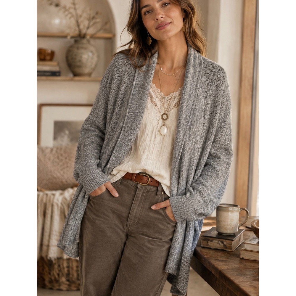 Angel of the North Grey Cardigan Large Alpaca Blend Shawl Collar Open Front